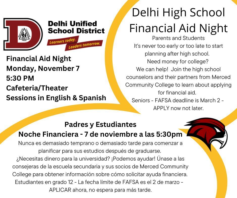 Delhi High School Financial Aid Night is Monday November 7 at 5:30 PM