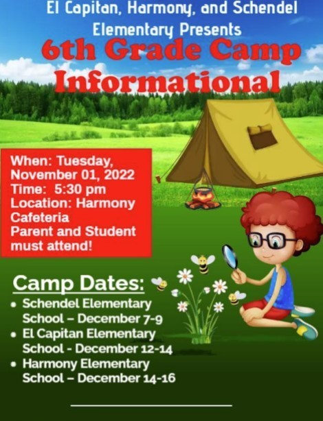 Parent Informational Night Tuesday November 1 at 5:30 about 6th grade camp 
