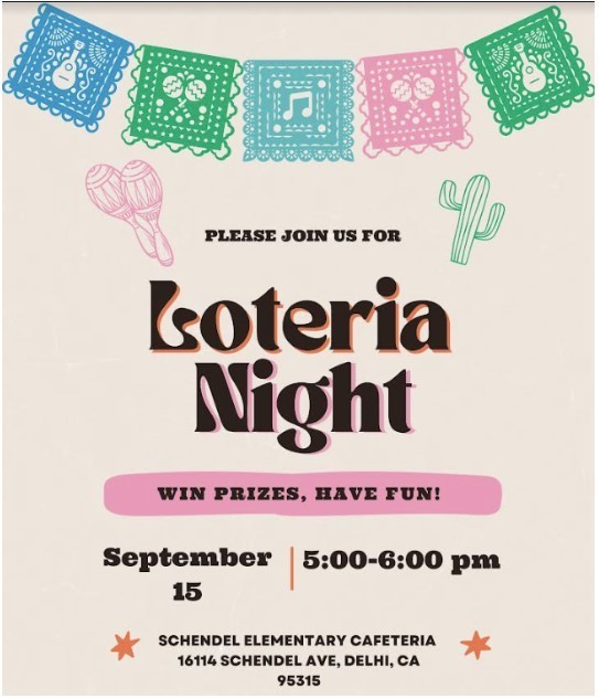 Schendel Elementary presents Loteria Family Night.  Families are invited to join us on Friday, September 15, 2023 from 5:00 pm to 6:00 pm in the cafeteria.    No outside cards allowed.  Cards will be provided.  Join us for prizes and complimentary snack Friday, September 15 at 5:00 pm