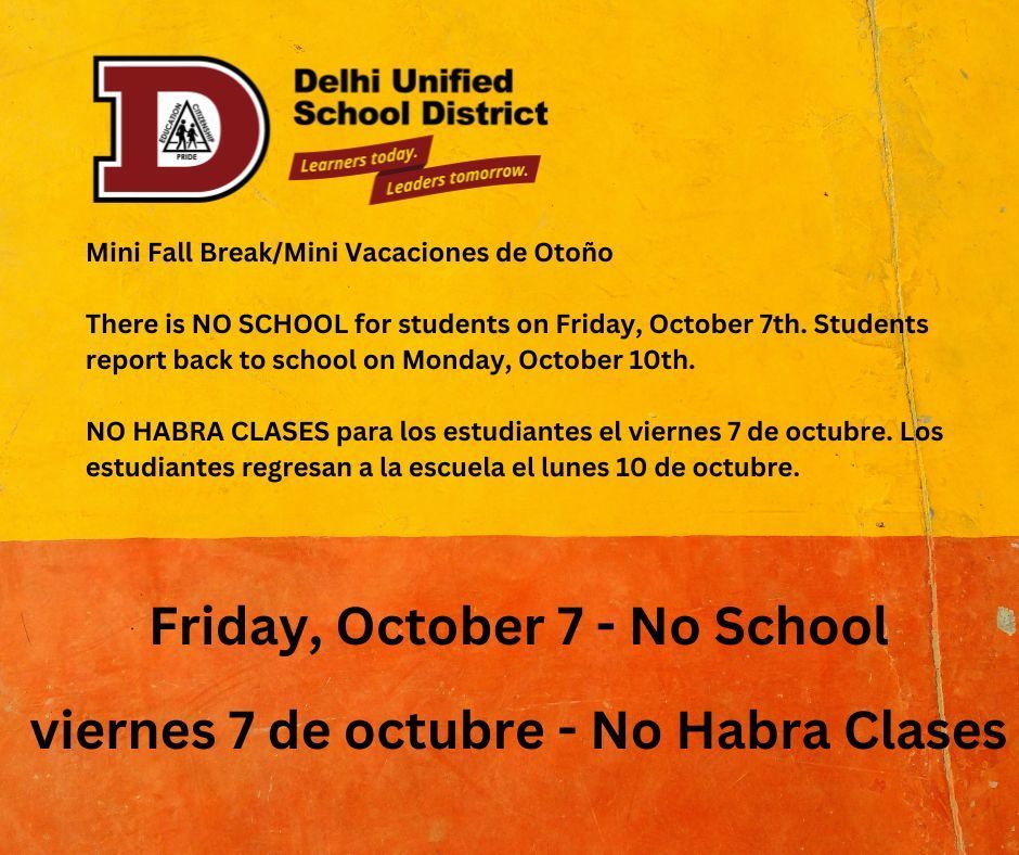 Friday, October 7 is a non student day.  Students return on Monday, October 10