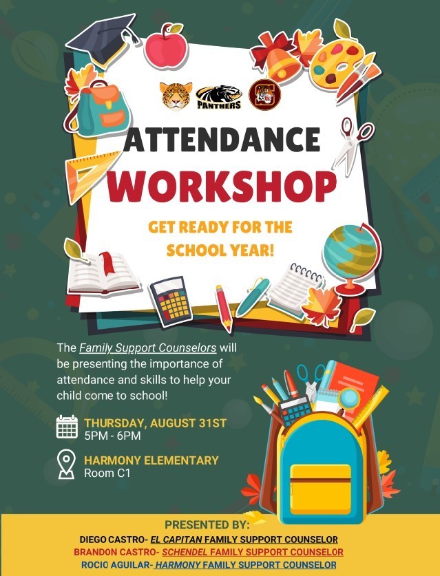 DUSD Families are invited to join our first Attendance Workshop by our Elementary Family Support Counselors on Thursday, August 31st from 5 PM-6 PM! The workshop will be held at Harmony in room C1. The workshop will cover the importance of your students' attendance in school!