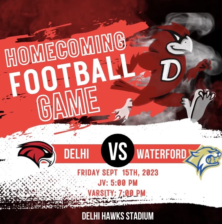 Delhi High School will be celebrating the annual homecoming parade on Friday, September 15, 2023 at 1pm.  The parade will travel through town beginning at El Capitan Elementary.  Let's hear the Panthers cheer for the Hawks.   The parade will travel by Schendel Elementary.  We want to hear the Tigers roar for the Hawks.  The parade will continue towards Hawk Country - Delhi Middle School and Delhi High School ​and makes it way to Harmony Elementary to see the Jaguars.     Join the Hawks for the Friday Night Football Game in the Nest vs the Waterford Wildcats.