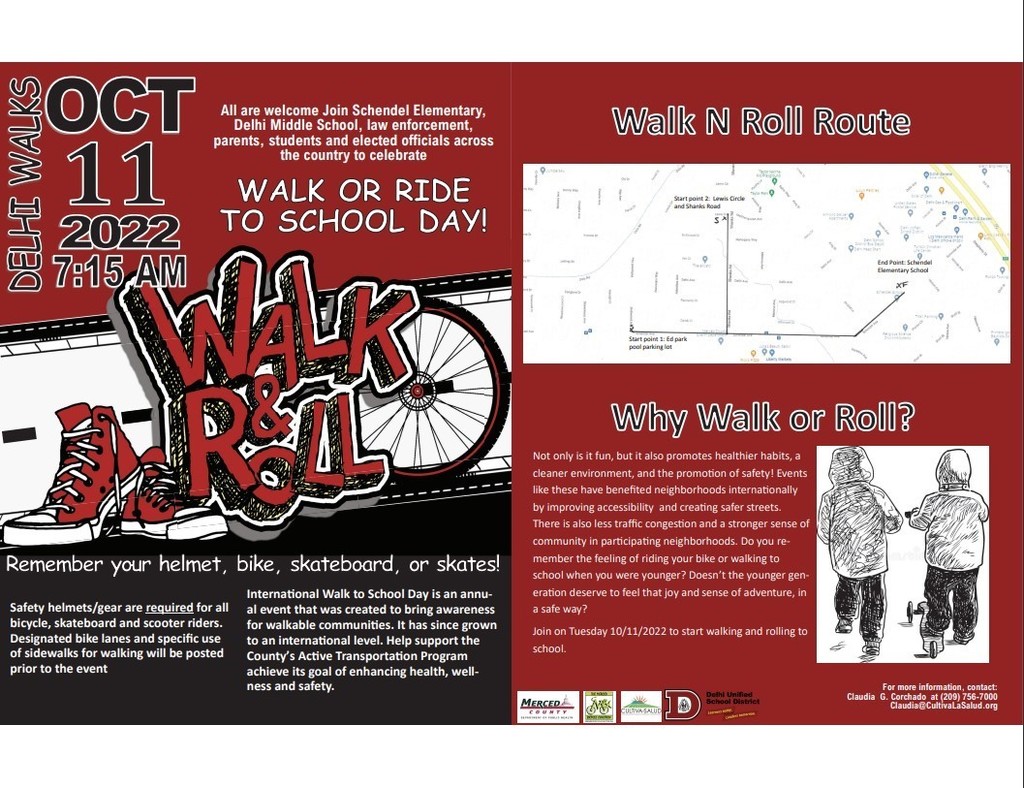 Delhi's Walk N Roll to School is tomorrow, Tuesday, October 11.   There are two starting points.   Parents are invited to join with their students at the Delhi Educational Park Pool or at the Lewis Circle/Shanks Road bus stop. All parents and students are welcome to join the Walk or Roll to school tomorrow, October 11.  Schendel Elementary Parents walking with their students to school may ride the bus back to the starting point where their vehicle is parked.  This is a new adventure for our Delhi students.  We look forward to making Walk N Roll to School Day available to all elementary schools in the future. Looking forward to having our parents and students participation Tuesday, October 11 at 7:15 AM.