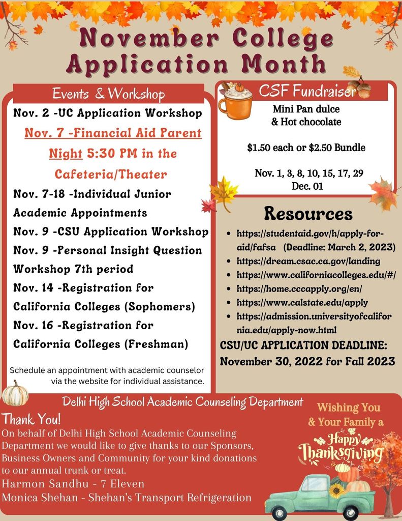 November is College Application Month. Deadline is November 30th