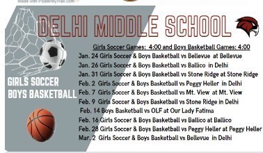 The second session of winter sports has started for Delhi Middle School.  Join the Girls Soccer and Boys Basketball teams at home and away.  Go Hawks.