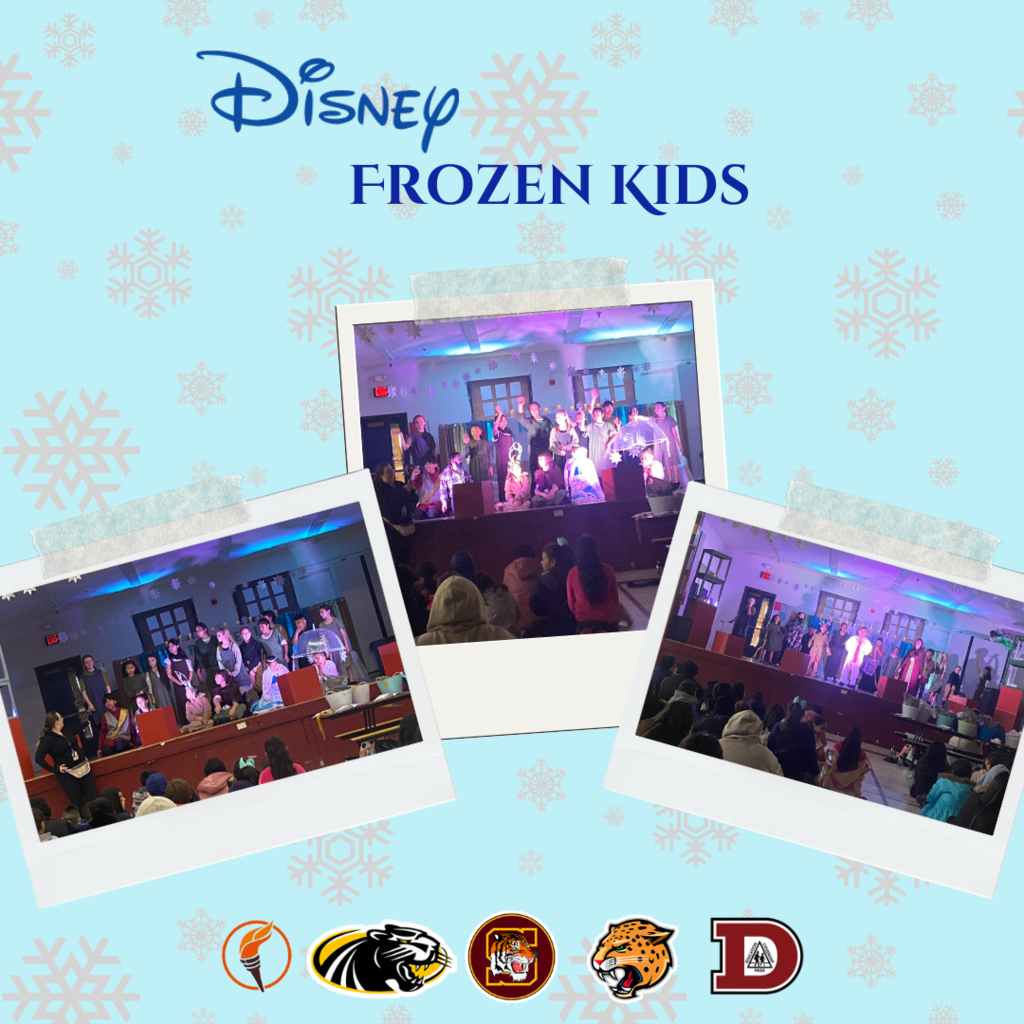 Three polaroid pictures in the center of the image with a blue background surrounded by snowflakes showing elementary students play performance of Frozen.
