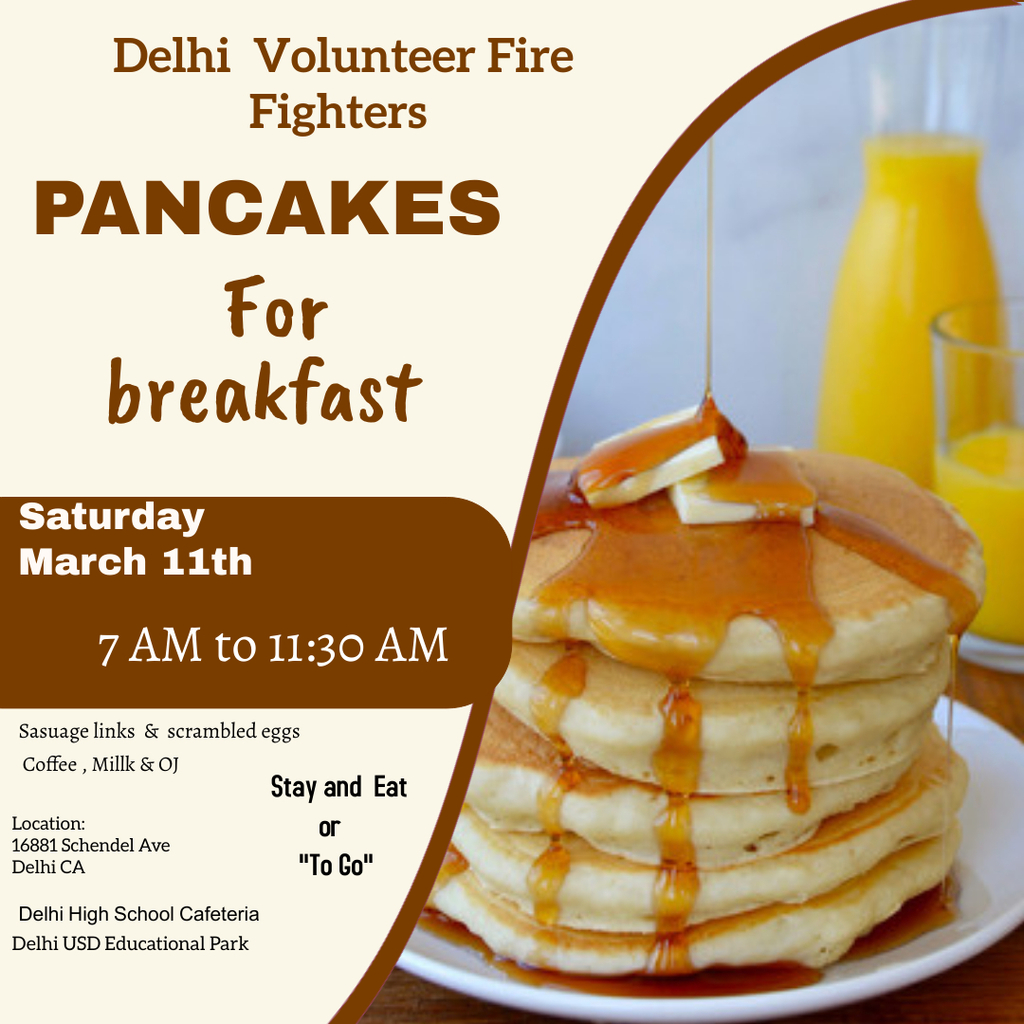 Image depicting a reminder for the Delhi Volunteer Fire Fighters pancakes for breakfast. Pancakes getting drizzled with syrup. Behind the pancakes is a glass of  orange juice. 