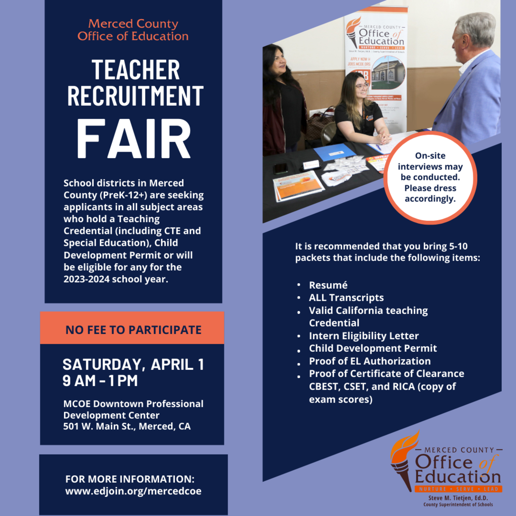 Post to promote the teacher recruitment job fair that is happening on April 1st, 2023 from 9 to 1 pm. This job fair is being held at MCOE Downtown Professional Development Center (501 W. Main St., Merced, CA).