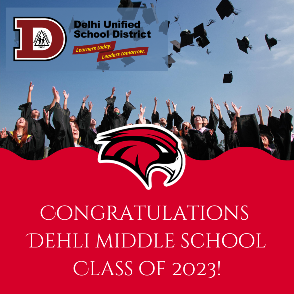 Image showing graduates throwing their graduation caps in the air. Congratulations to the Delhi Middle School class of 2023! 