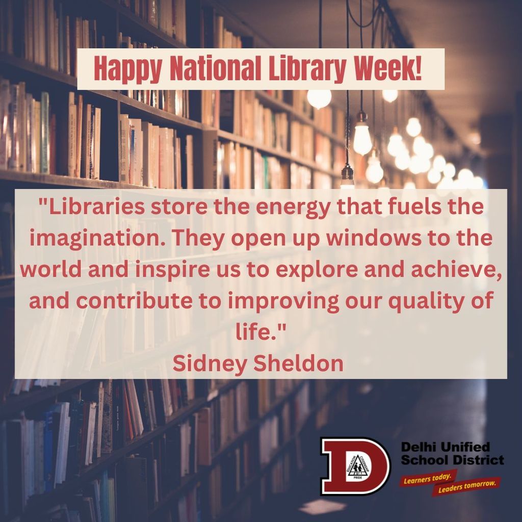 Image showing appreciation for it being National Library Week with a book case filled with books in the background.  