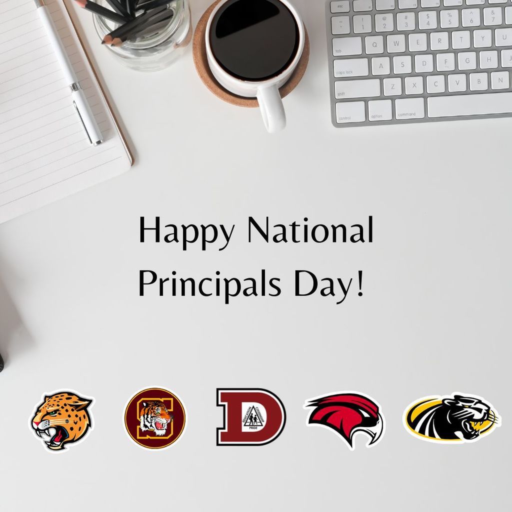 Image with a notebook, cup of pencils, a coffee mug filled with coffee, and a keyboard showing national principals day.  On the bottom are the logos of the schools within the delhi district. 