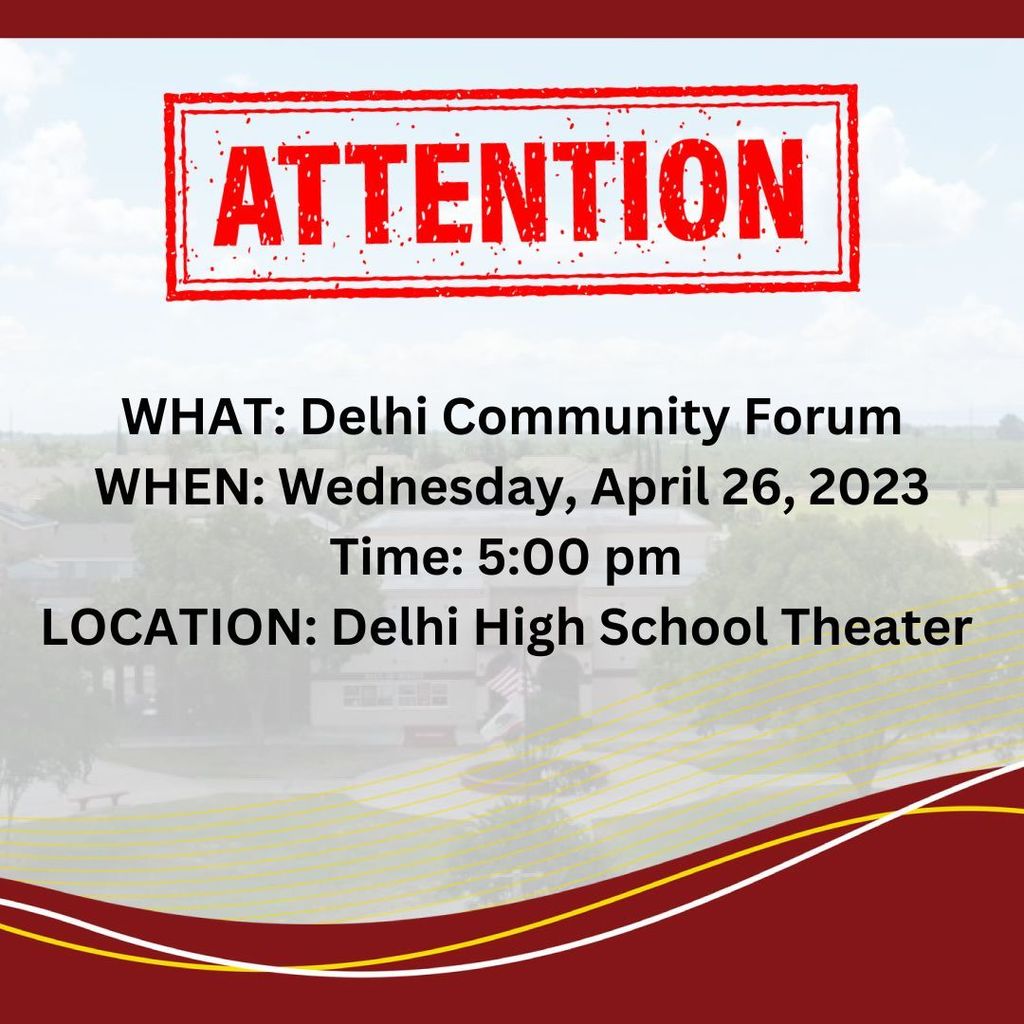 Image showing an attention symbol for a community forum happening on wednesday at the delhi high school theater.