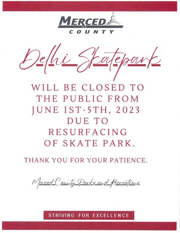 Skatepark will be closed June 1 to June 5 for resurfacing.